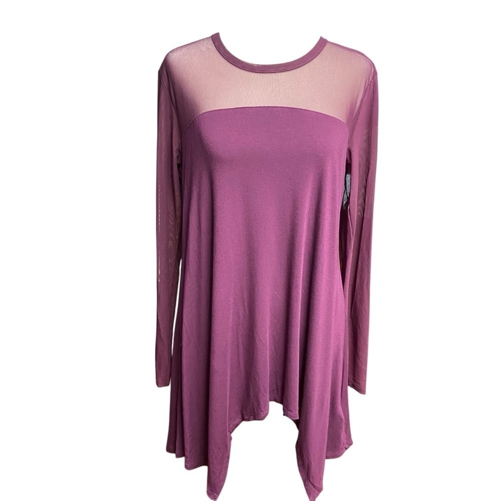DKNY Long Sleeve Tunic Top Asymmetrical Hem Size S Eggplant Sheer Shoulder/Arms